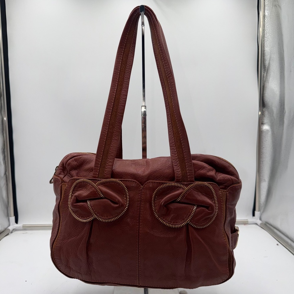 See by Chloe Terracotta Red Leather Bow Zipper Trim Shoulder Bag Tote